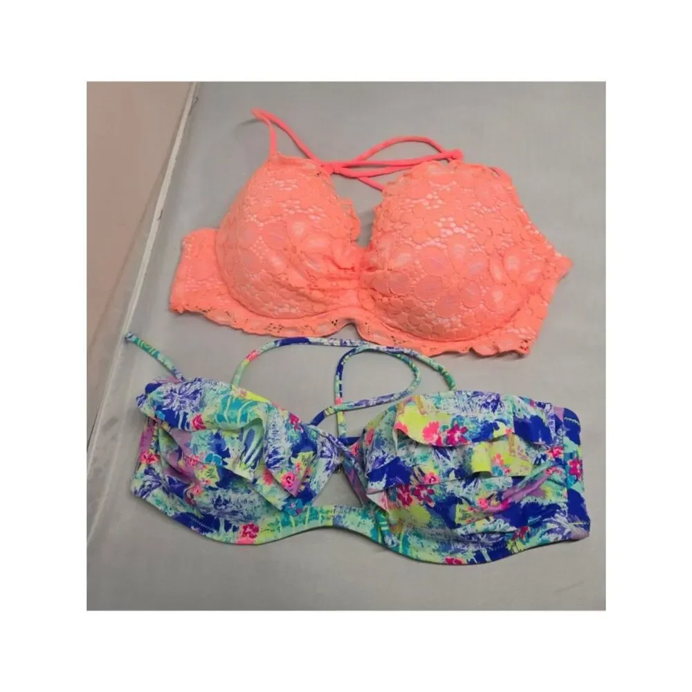 Floral & Coral Lace Bikini Top & Ruffles Halter top set of 2 Ties beach nautical